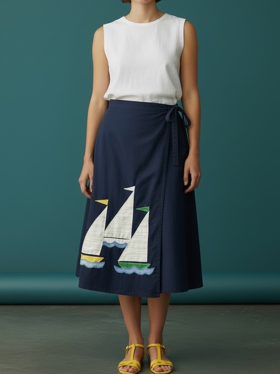 Vtg 70’s Sailboat Appliqué Navy Wrap Skirt Sz M Midi Nautical Handmade Cottage - Picture 3 of 6